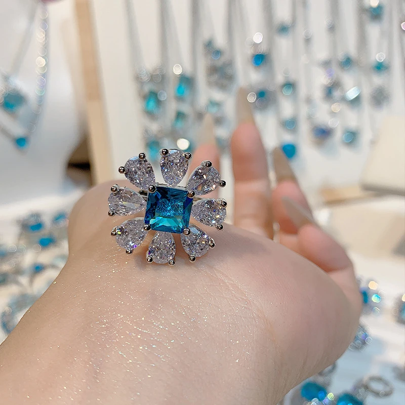 Ocean Blue Zirconia Stylish Adjustable Ring