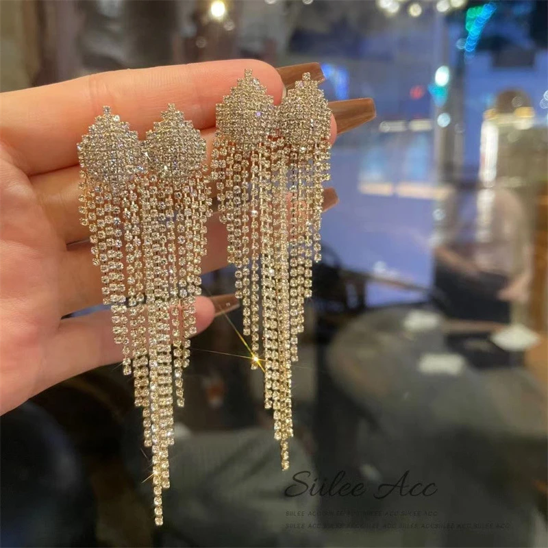 Elegant Golden Color Rhinestone Tassel Earrings