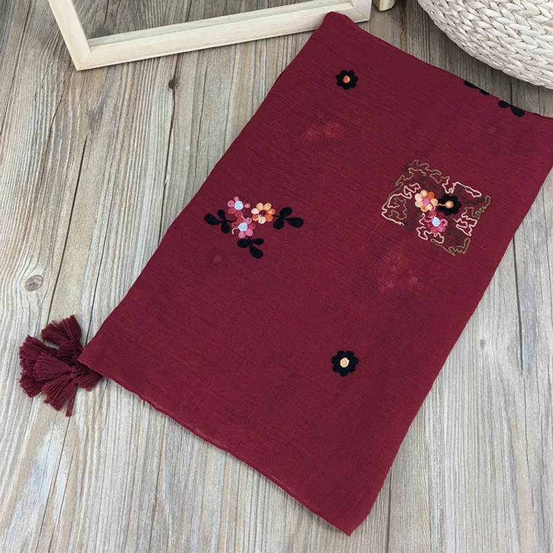 Gorgeous Maroon Color Embroidered Cotton Tassel Hijab/Orna