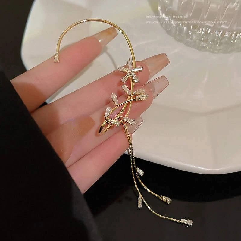 Sparkling Crystal Flower Ear Cuff Without Piercing Clip Earrings Irregular Tassel Ear Clip