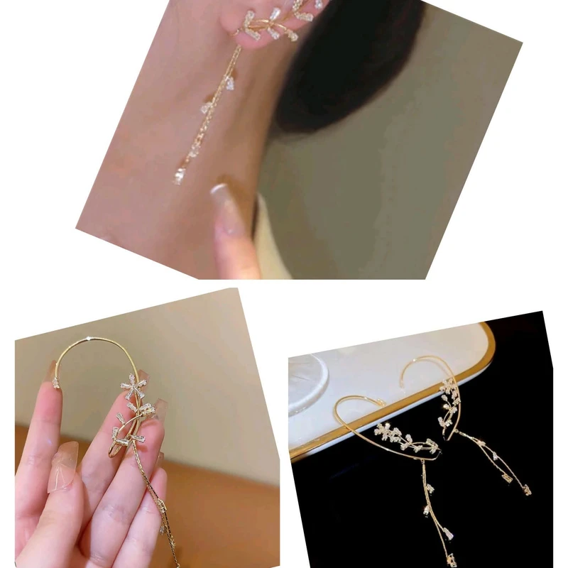 Sparkling Crystal Flower Ear Cuff Without Piercing Clip Earrings Irregular Tassel Ear Clip