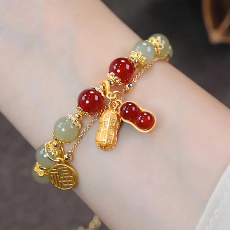 Double Red Peanut Green Bead Bracelet