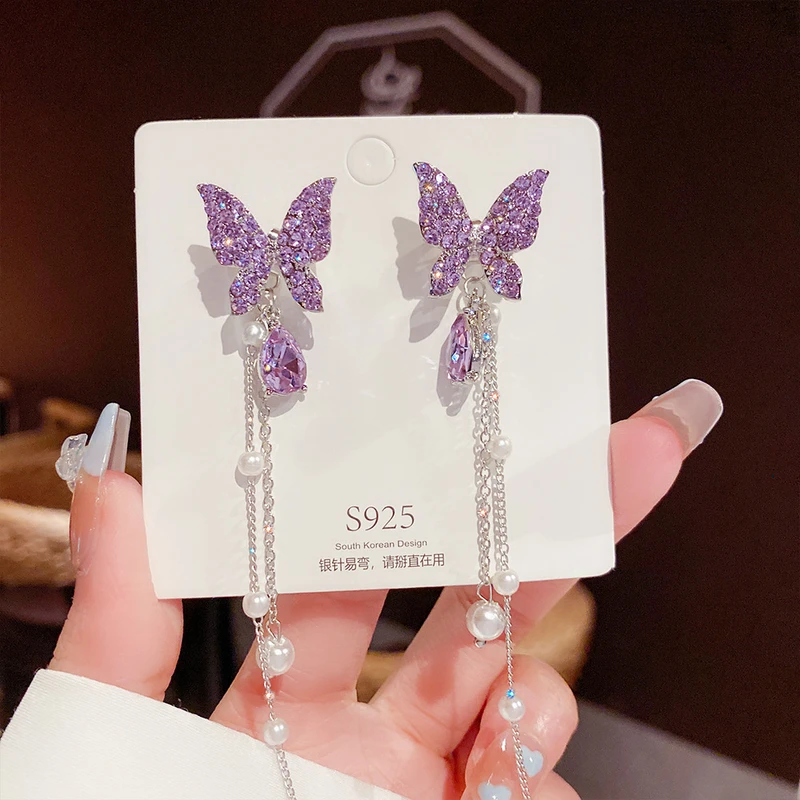 Elegant purple color crystal tassel earrings