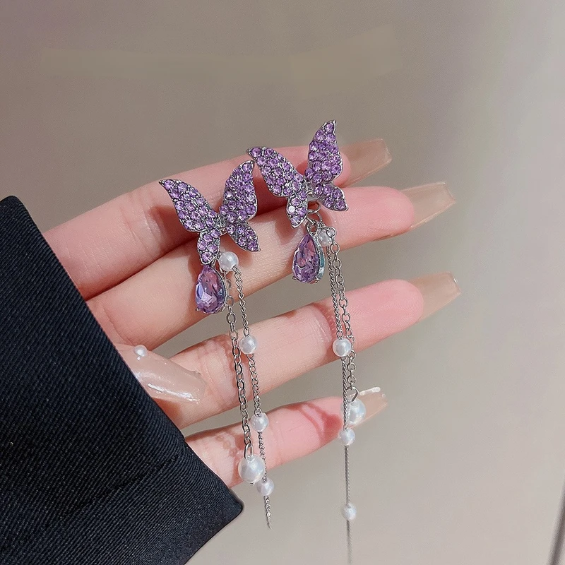 Elegant purple color crystal tassel earrings