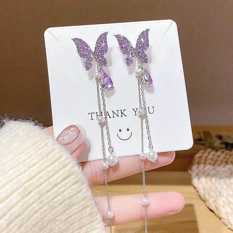 Elegant purple color crystal tassel earrings - Thumbnail 3
