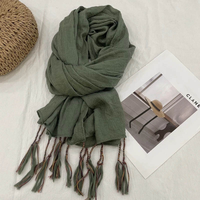 Stylish olive green winding tassel cotton hijab/orna