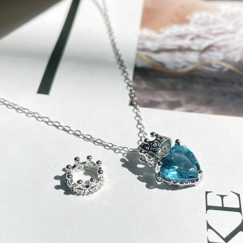 Ocean Blue Cubic Zirconia Crown Heart Necklace