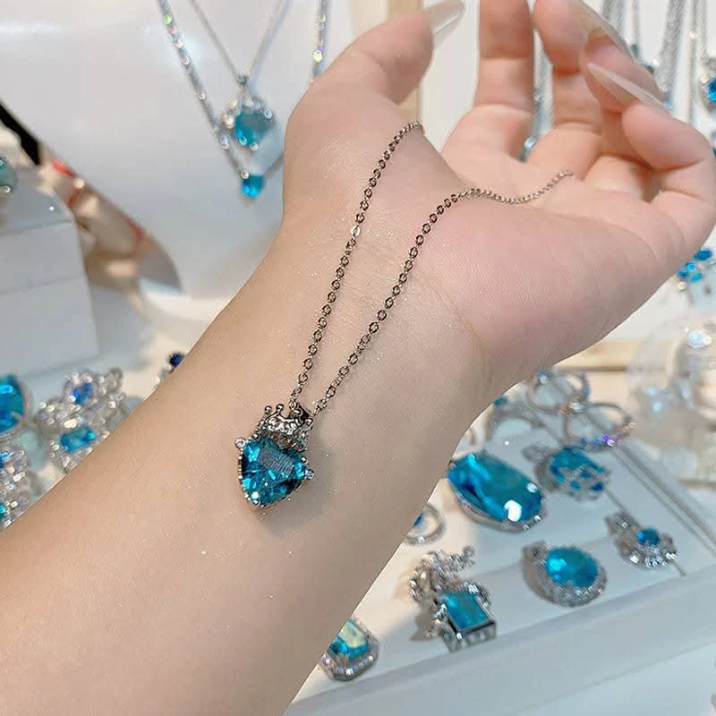 Ocean Blue Cubic Zirconia Crown Heart Necklace