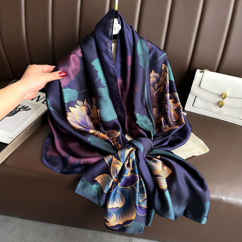 Elegant navy blue  floral printed long silk hijab