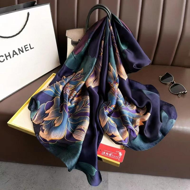 Elegant navy blue  floral printed long silk hijab