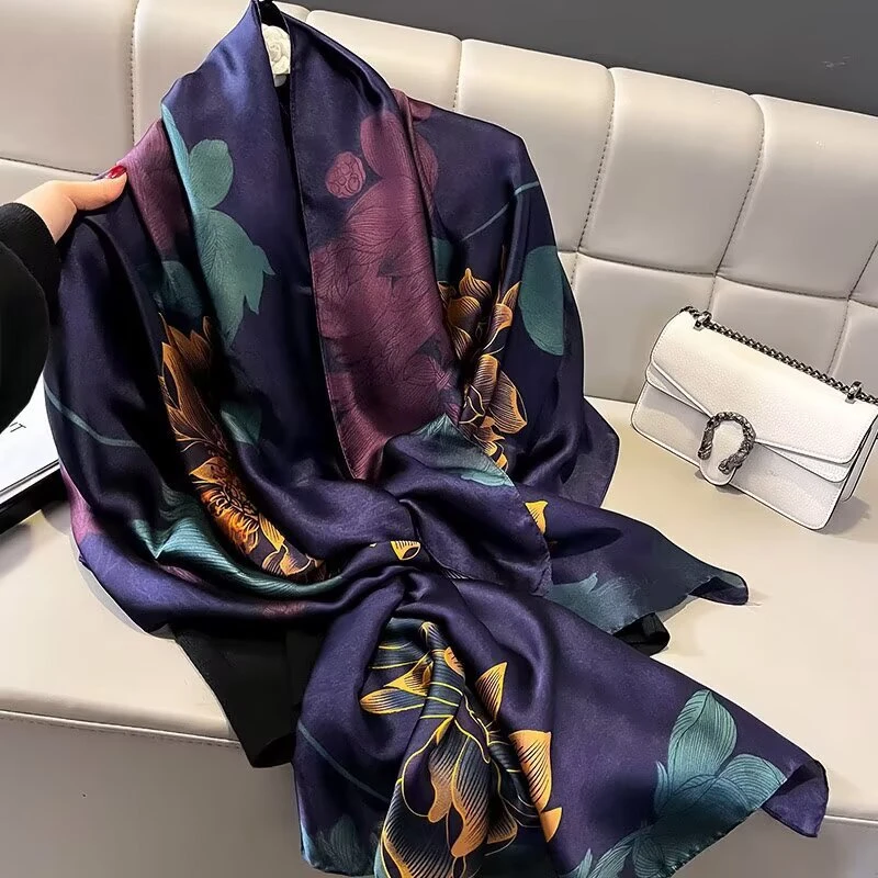 Elegant navy blue  floral printed long silk hijab - Thumbnail 3