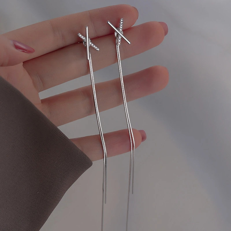 Stunning silver color long tassel earrings