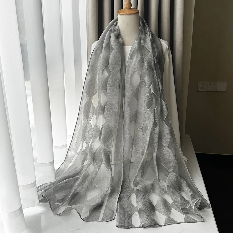 Stylish Gray Color Geometric Patterned Organza Silk Scarf