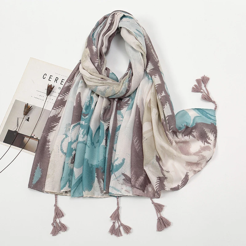 Stylish light blue color flower printed tassel cotton hijab /orna