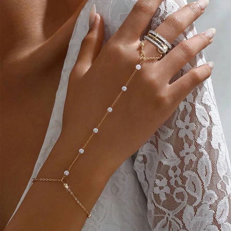 Elegant Pearl Link Bracelet Finger Ring For Women Connecting Ring Bracelet Chain Bracelet