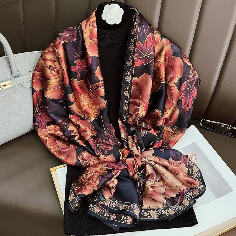 Multicoloured floral printed silk hijab