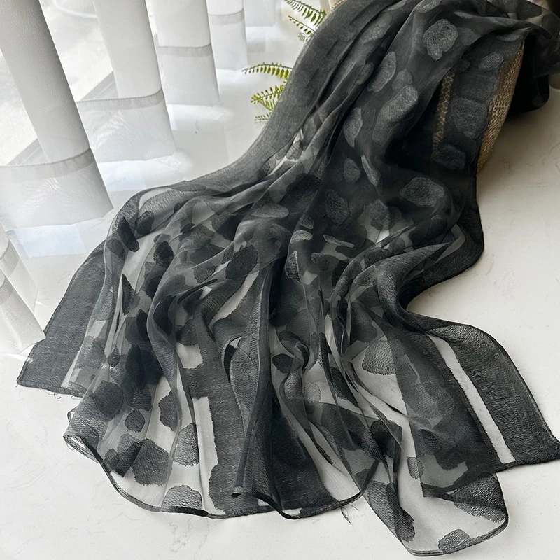 Elegant black color diamond patterned long organza silk scarf