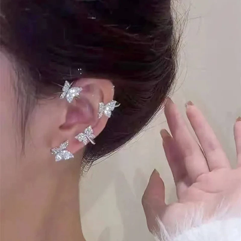 Sparkling Silver Color Butterfly  Crystal Flower Ear Cuff Without Piercing Clip Earrings