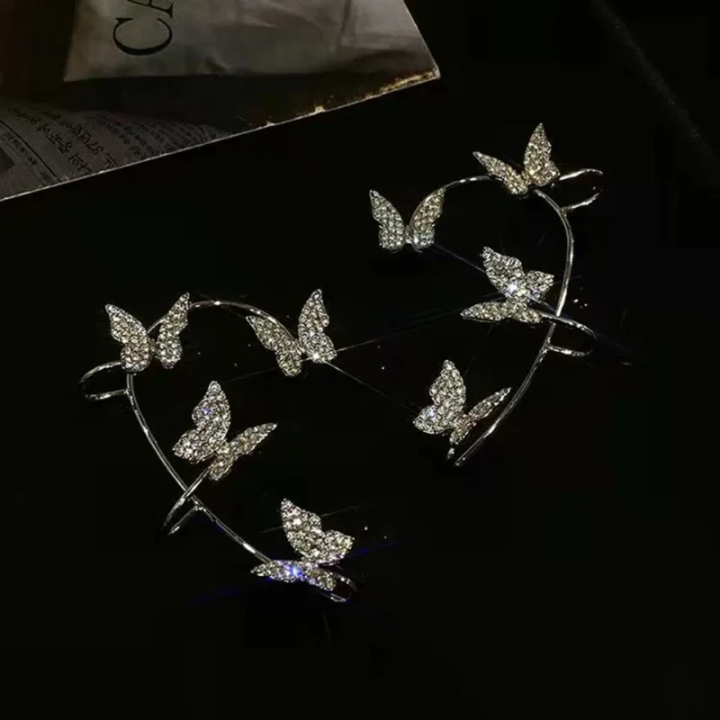 Sparkling Silver Color Butterfly  Crystal Flower Ear Cuff Without Piercing Clip Earrings