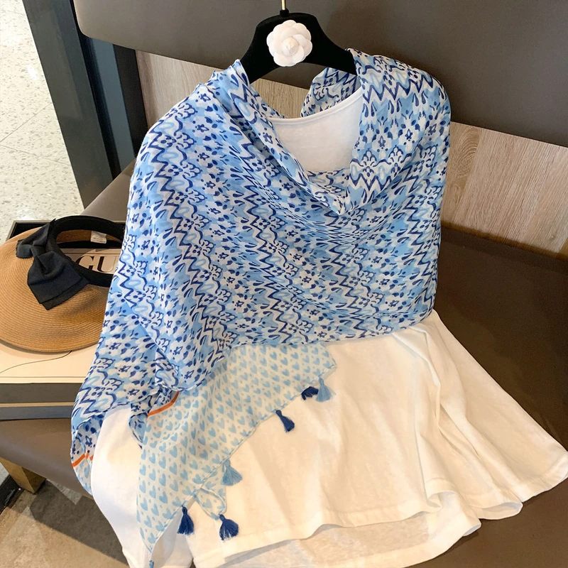 Stylish blue printed long cotton hijab/orna