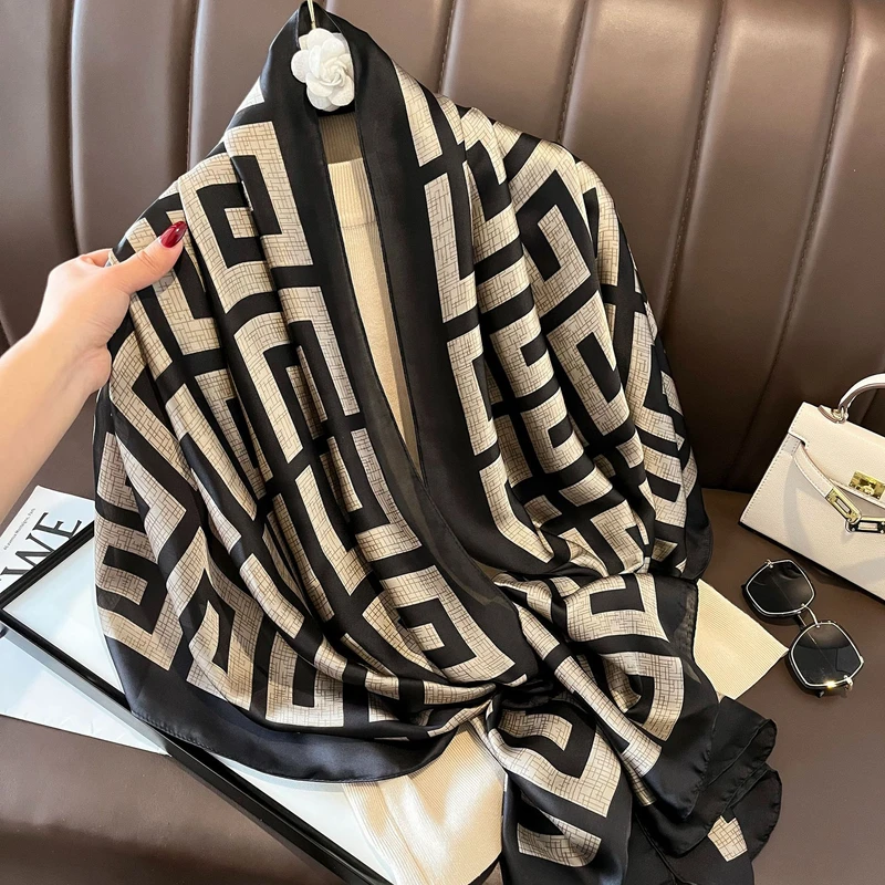 Luxury  black white printed silk hijab
