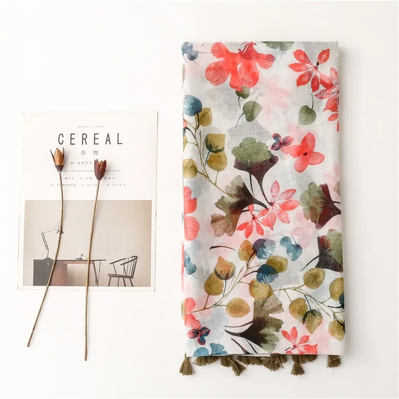 Colorful floral printed tassel cotton hijab /orna - Thumbnail 3