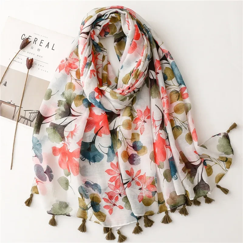 Colorful floral printed tassel cotton hijab /orna - Thumbnail 4