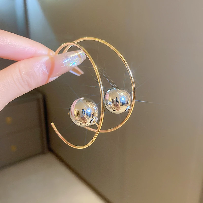 Metal Big Circle Hoop Earrings For Women Exaggerated Gold Color C-Shaped Round - Thumbnail 4