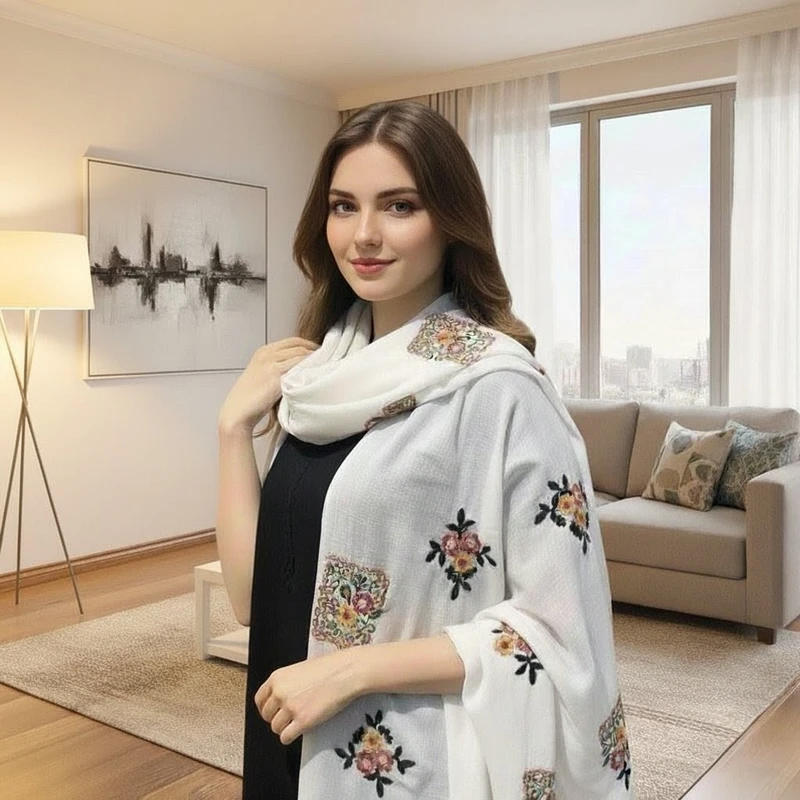 Sophisticated pure white color long tassel cotton hijab