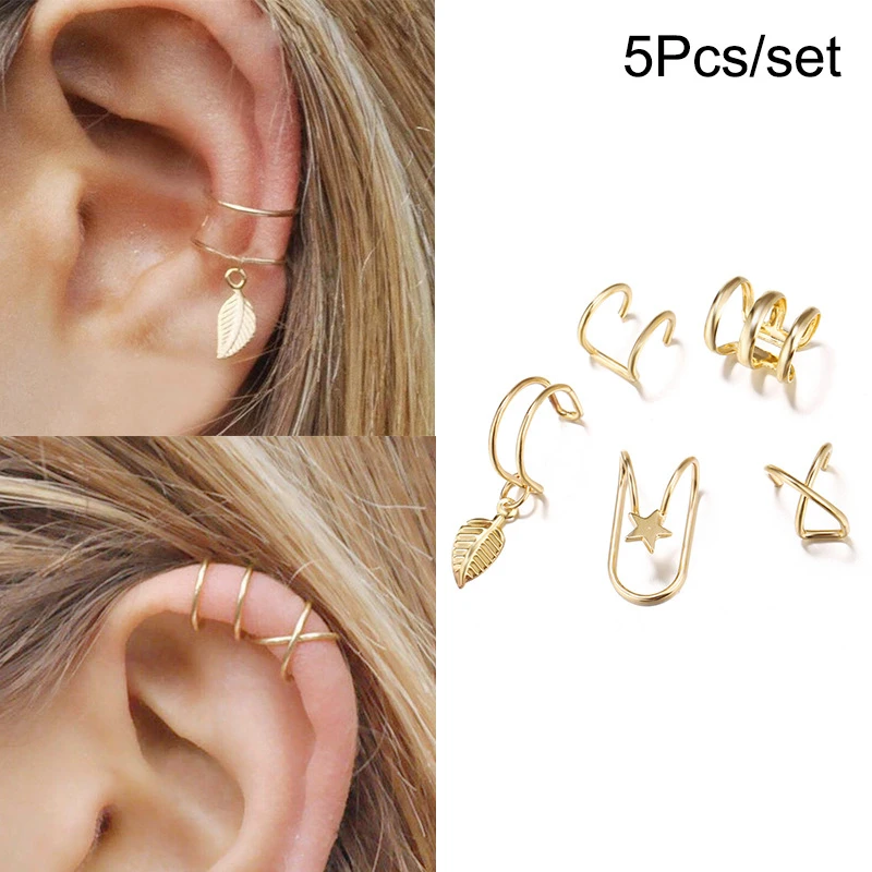 Pretty golden color no piercing 5 pieces earrings set