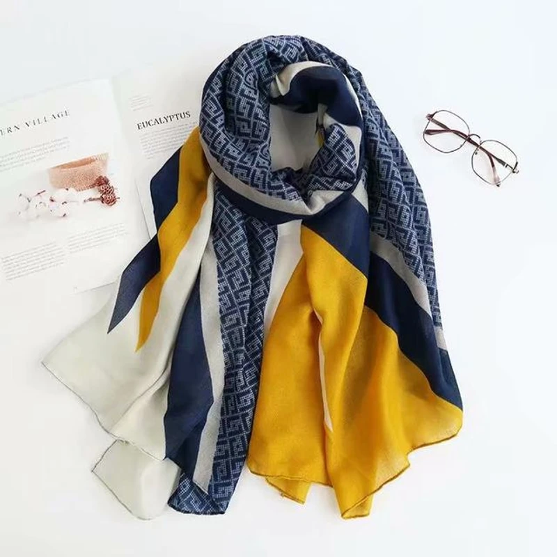 Sophisticated navy & yellow mixed pattern hijab / orna