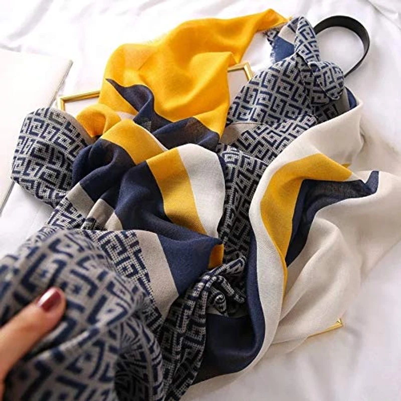 Sophisticated navy & yellow mixed pattern hijab / orna
