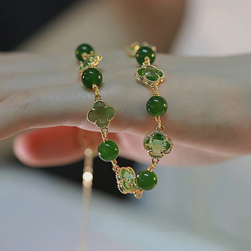 Natural Green Stone Bracelet Korean Green Crystal Flower Imported Bracelet - Thumbnail 3