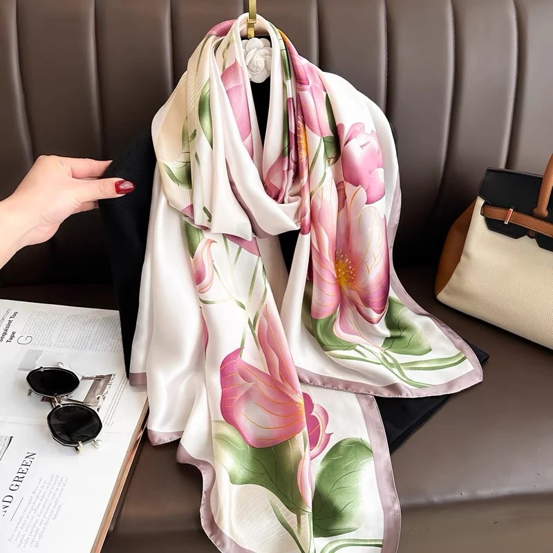 Floral printed pink & green mixed lightweight hijab - Thumbnail 4