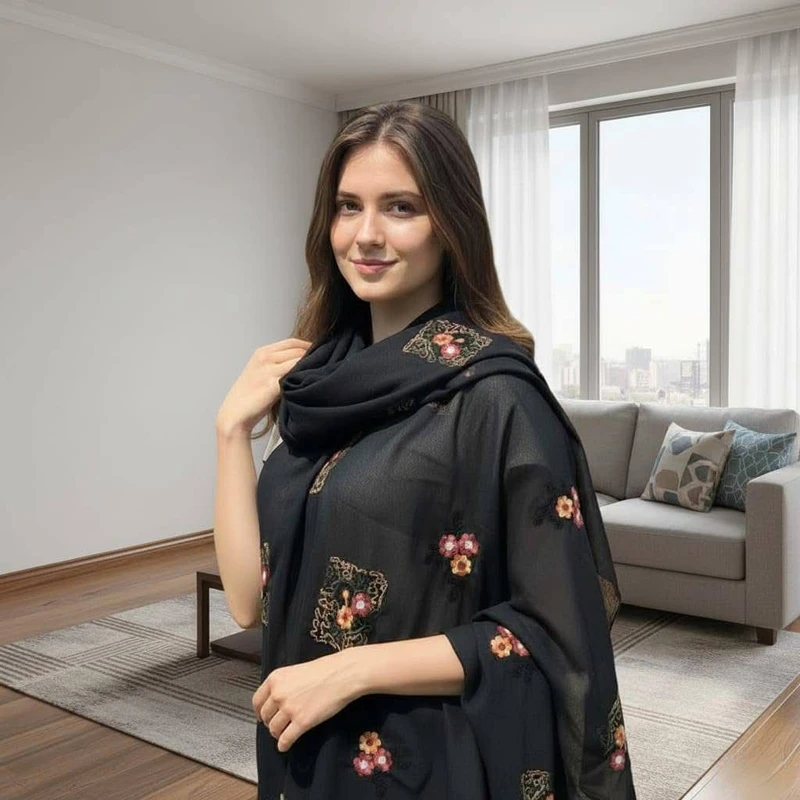 Black color embroidered cotton tassel hijab