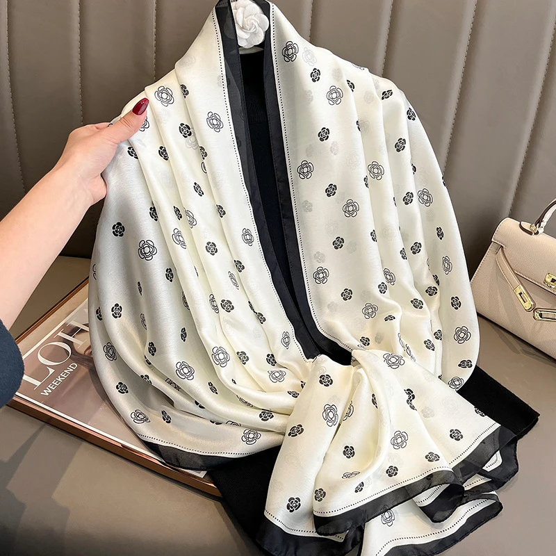 Off white floral silk hijab with black border