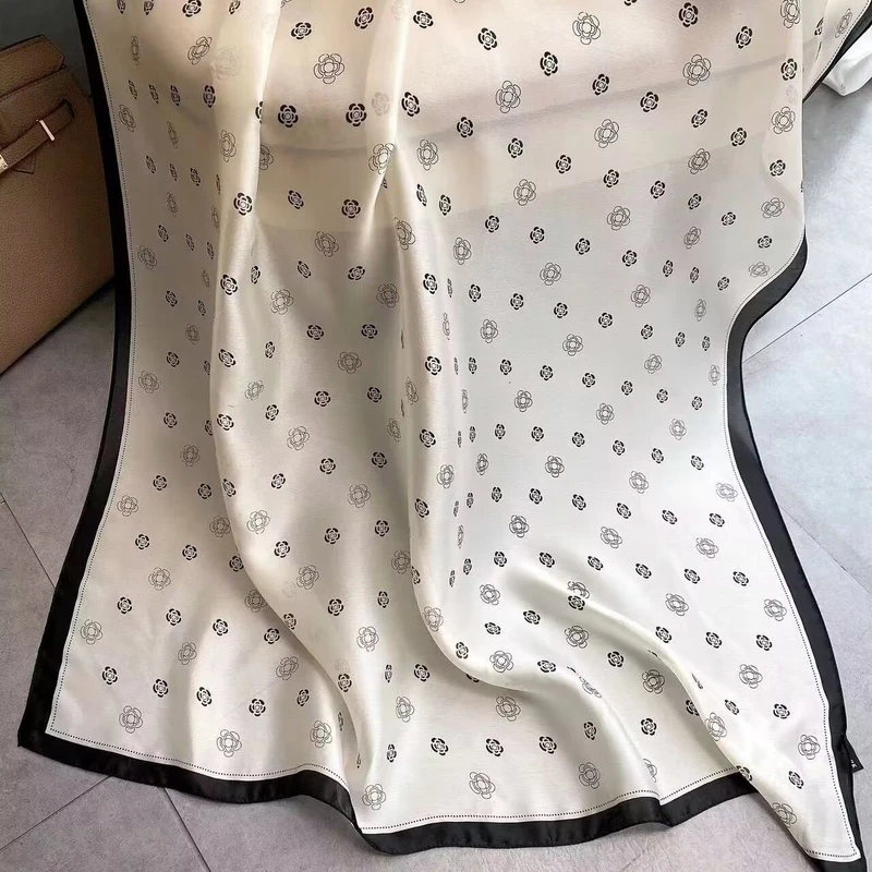 Off white floral silk hijab with black border - Thumbnail 4