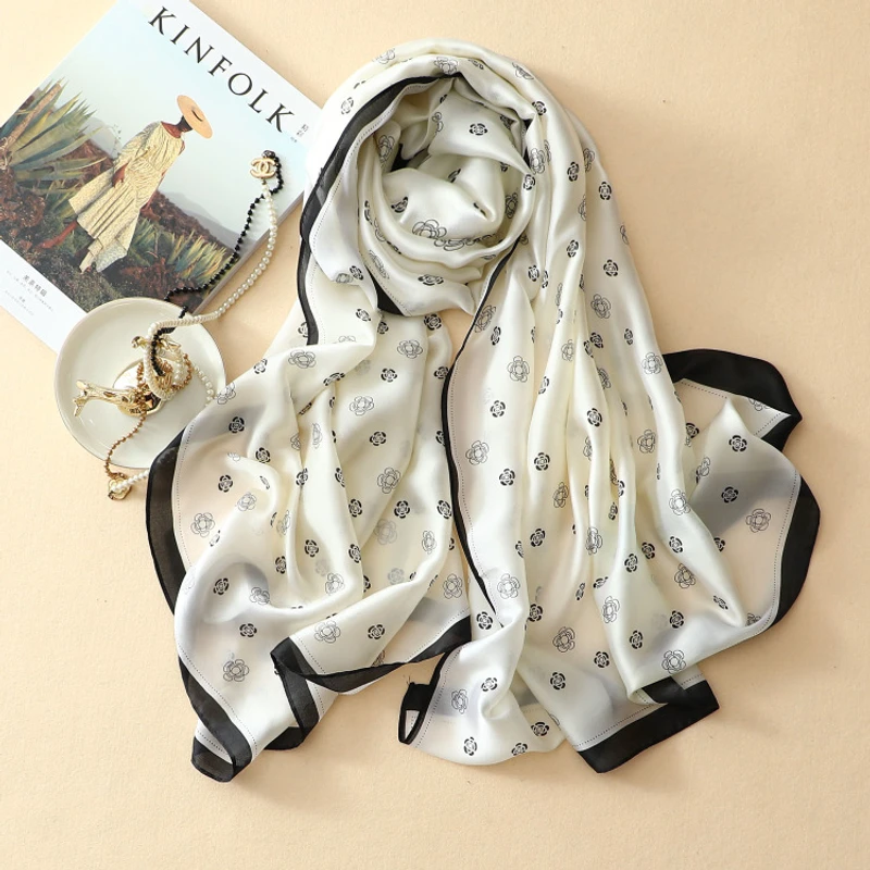 Off white floral silk hijab with black border - Thumbnail 5