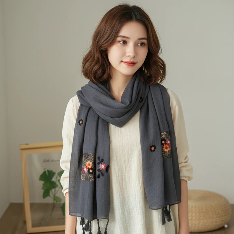 Charcoal color tassel cotton hijab/orna