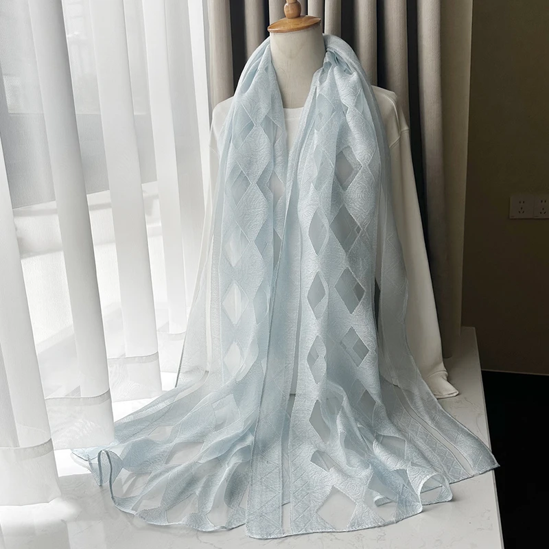 Sophisticated light blue color long organza silk scarf