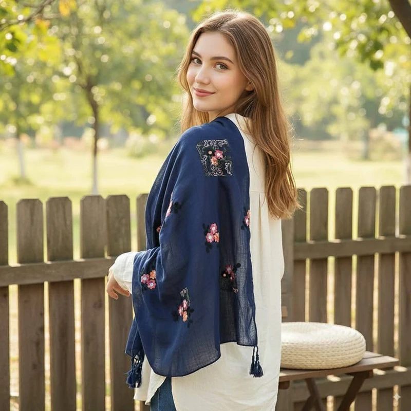 Stylish navy blue tassel cotton hijab/orna