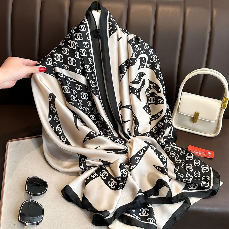 Black & off white mixed printed silk hijab