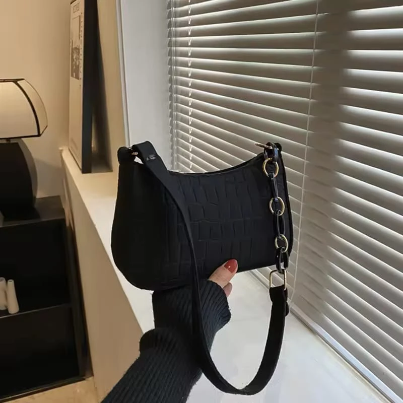 Women's Small Square Handbag, Luxury Felt Underarm Design, Fashionable Half Moon Underarm Bag