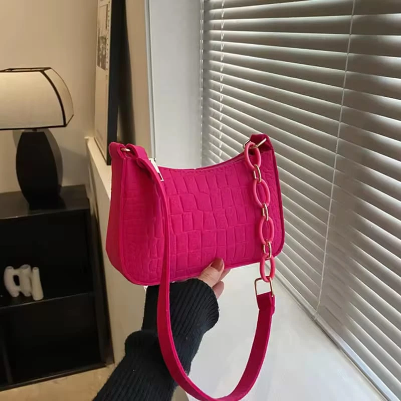 Women's Small Square Handbag, Luxury Felt Underarm Design, Fashionable Half Moon Underarm Bag - Thumbnail 3