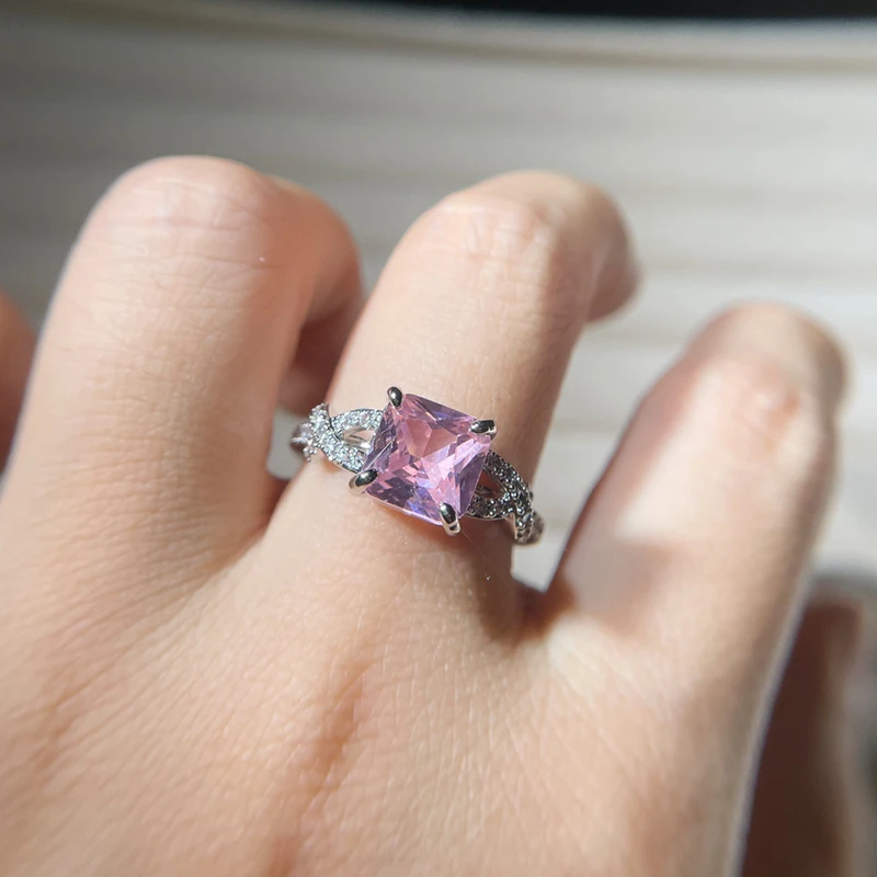Princess Cut Pink Cubic Zirconia Ring with Accents