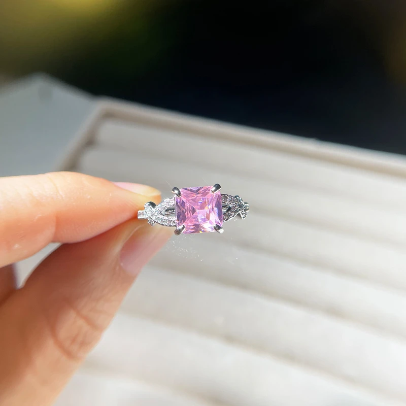 Princess Cut Pink Cubic Zirconia Ring with Accents