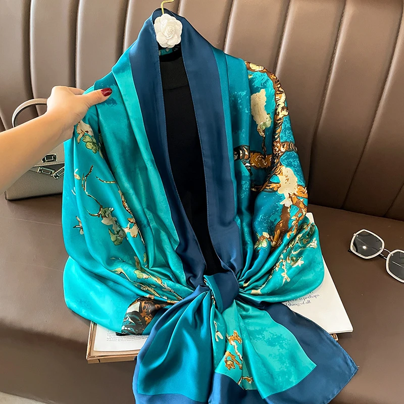 Light Blue printed Glossy silk hijab - Thumbnail 3
