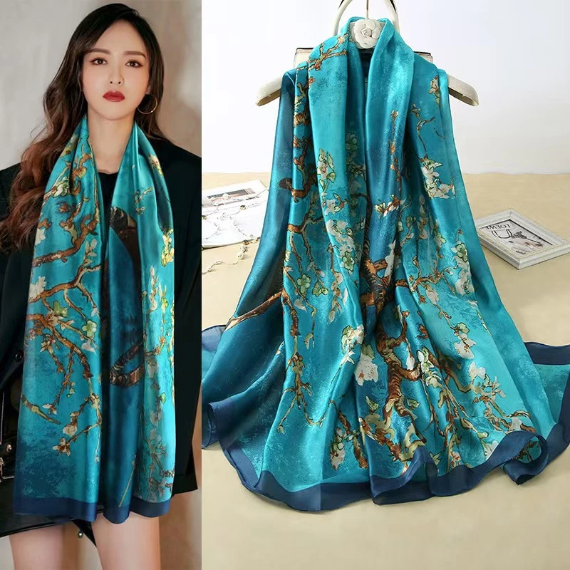 Light Blue printed Glossy silk hijab - Thumbnail 4