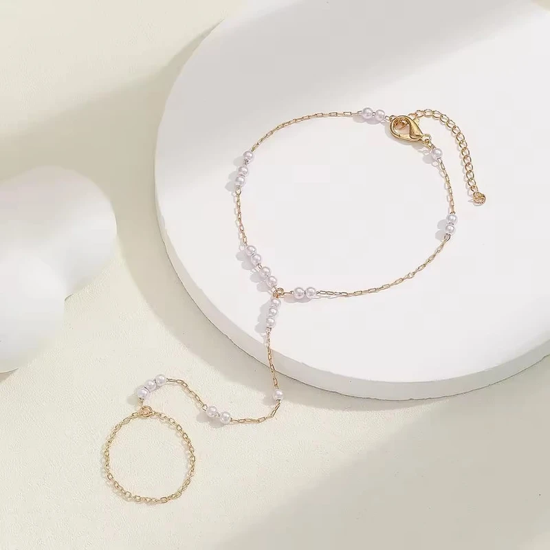 Pearl Link Bracelet Finger Ring For Women Connecting Ring Bracelet Chain Bracelet