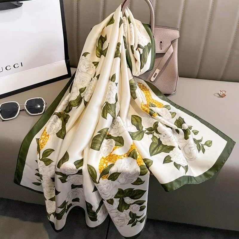 floral printed silk hijab ( white & green)